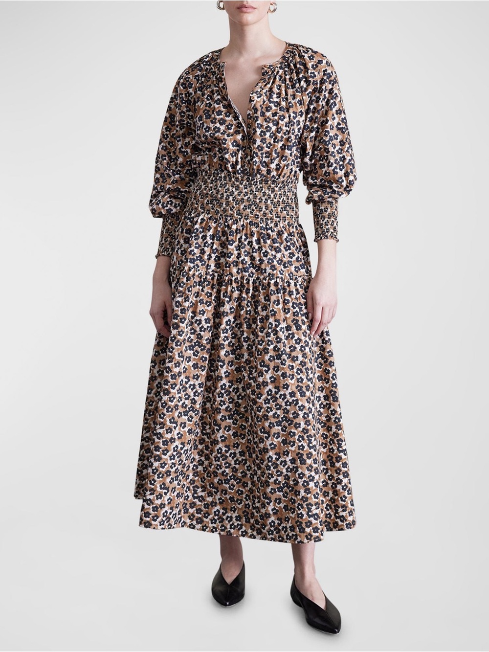 Apiece Apart La Ventura Floral Leopard Smocked Maxi Dress Organic Cotton S